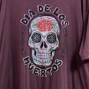 3X maroon Sugar skull Dia De Los Muertos soft T-shirt